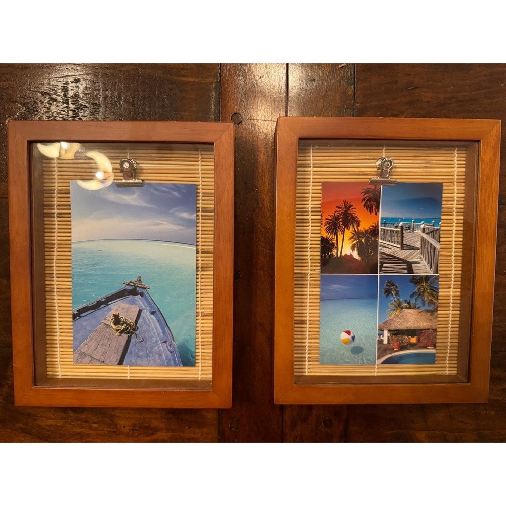 Pair of Decorel‎ Bamboo Shadow Box Frames 5x7 Tropical Tiki With Photo Clips (2)